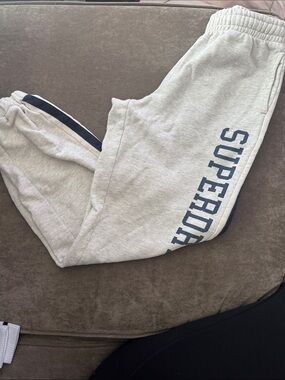 Superdry Kids Light Grey Sweatpants with Navy Logo & Stripe
